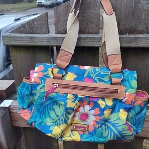 Lilly bloom Multi-Color Tropical Floral Tote with Tan Trim